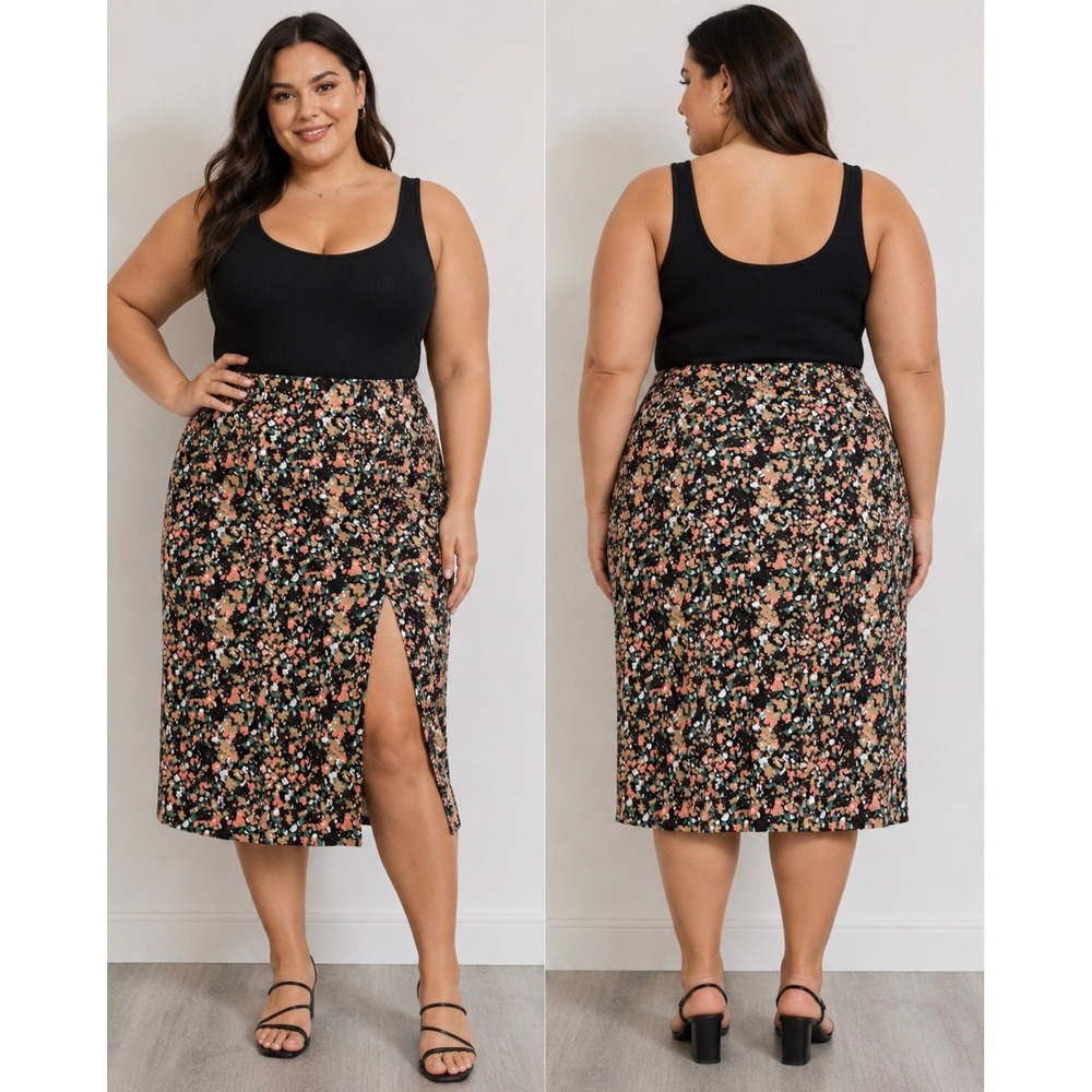 Floral Midi Skirt Size 18 Cottagecore Y2K Streetwear High Waisted Slit Summer